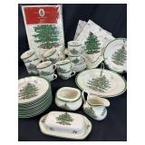 53pc Spode Christmas Tree Tea Set w/ Linen Napkins