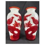 Pr Chinese Peking Glass Red & White Overlay Vases