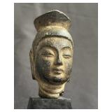 Patinated Gilt Metal Buddha Head on Stand