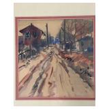 Cityscape Watercolor Painting Rustic Rural Road