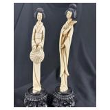 Pair Chinese Carved Bone Women with Fans