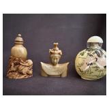 3 Chinese Snuff Bottles, Carved Stone & Glass