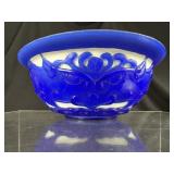 Peking Glass Overlay Bowl Blue & White Taotie Mask
