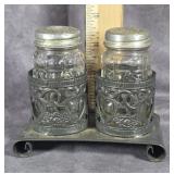 SALT & PEPPER SHAKERS IN OPENWORK METAL HOLDER