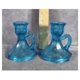AQUA BLUE GLASS CANDLESTICK HOLDERS