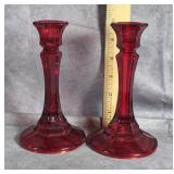 RUBY RED INDIANA GLASS CANDLESTICK HOLDERS