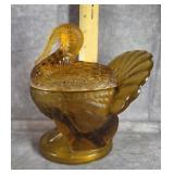 L.E. SMITH AMBER GLASS TURKEY COVERED CANDY DISH