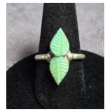 STERLING SILVER CARVED GREEN JADE RING
