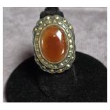 RED CARNELIAN MARCASITE OVAL ART DECO RING