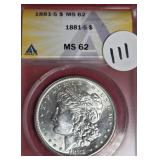 1881-S MORGAN SILVER DOLLAR MS 62