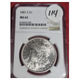 1881-S MORGAN SILVER DOLLAR MS 62
