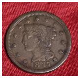 1847 BRAIDED HAIR LARGE CENT COIN