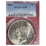 1922 PEACE SILVER DOLLAR PCGS AU58