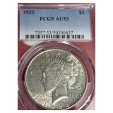 1922 PEACE SILVER DOLLAR PCGS AU53