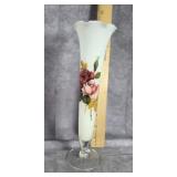 VINTAGE OPAQUE FOOTED BUD VASE WITH ROSES 9.5" TAL