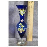 COBALT BLUE HAND PAINTED BUD VASE 8" TALL