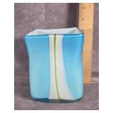 BLUE & GREEN HAND BLOWN GLASS VASE 5" TALL