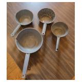 FOUR GRAY GRANITEWARE ENAMELWARE POTS