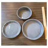 THREE GRAY ROUND GRANITEWARE ENAMELWARE PANS