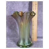 GREEN CARNIVAL GLASS FINE RIB SWUNG VASE 7.5"