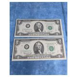 2 CT TWO DOLLAR BILLS W/ CONSECUTIVE NUMBERS