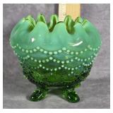 NORTHWOOD BEADED DRAPES GREEN OPALESCENT ROSE BOWL