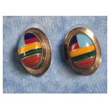 INLAYED GEMSTONE STERLING SILVER STUD EARRINGS