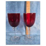 2 RUBY RED CLEAR STEM WINE GOBLETS