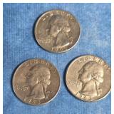 THREE SILVER WASHINGTON QUARTERS 1963