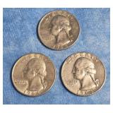 THREE 1964 SILVER WASHINGTON QUARTERS