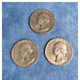 THREE 1964 SILVER WASHINGTON QUARTERS