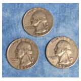 THREE SILVER WASHINGTON QUARTERS 1955, 1956 & 1957