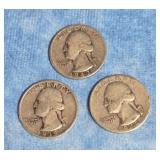 THREE SILVER WASHINGTON QUARTERS 1935, 1943 & 1948
