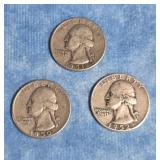 THREE SILVER WASHINGTON QUARTERS 1950, 1951 & 1952