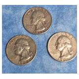 THREE SILVER WASHINGTON QUARTERS 1958, 1961 & 1962