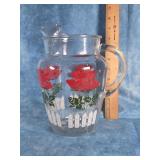 MID-CENTURY RED, WHITE & GREEN ROSE GLASS PITCHER