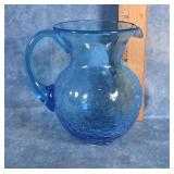 SMALL BLUE CRACKLE GLASS PITCHER