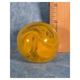 YELLOW SWIRL ART GLASS PAPERWEIGHT