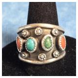 NAVAJO TURQUOISE & CORAL STERLING SILVER RING