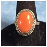 ANTIQUE SILVER 800 CORAL STONE RING SIZE 4