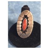 NATIVE AMERICAN STERLING SILVER RED CORAL  RING