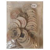 VINTAGE WOODEN NICKLES AND TOKENS BOX LOT