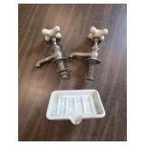 ANTIQUE PORCELAIN SOAP DISH & FAUCET HANDLES