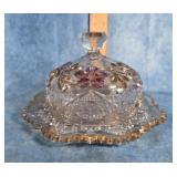 EAPG CUT GLASS COVERED BUTTER DISH GOLD TRIM