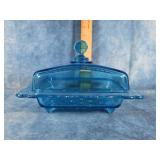 BLUE GLASS COVERED HONEY DISH