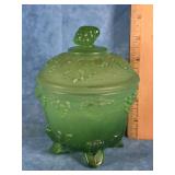 JEANNETTE GLASS FROSTED GREEN FOOTED CANDY DISH