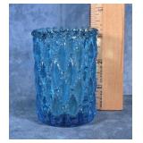 BLUE GLASS DIAMOND QUILTED VOTIVE CANDLE HOLDER