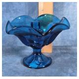 MCM BLUE GLASS PEDESTAL CANDLE HOLDER COMPOTE