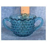 L.E. SMITH BLUE GLASS HOBNAIL OPEN SUGAR BOWL