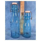 TWO BLUE GLASS DRESSING BOTTLES 1 PINT & 1/2 PINT